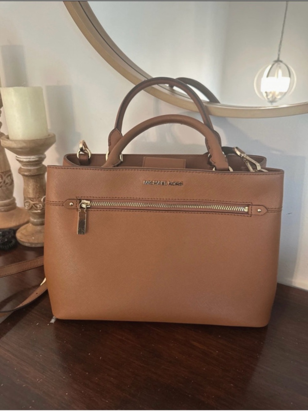 Michael Kors Tan Saffiano Leather Satchel with Gold Hardware